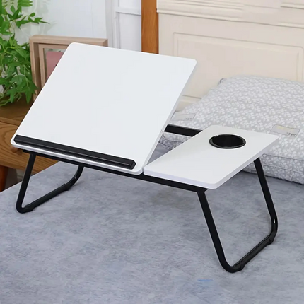 Adjustable Folding Laptop Table for Bed & Sofa – Wooden Laptop Desk with 5 Angle Settings & Cup Holder