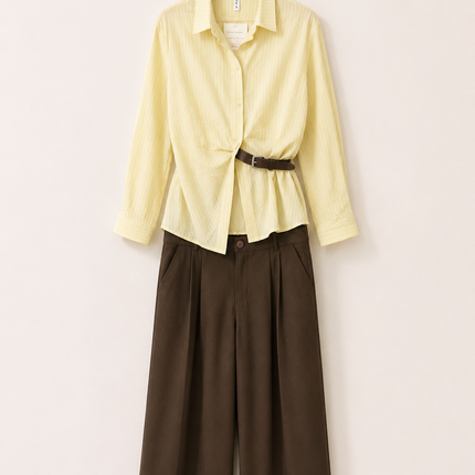 Elegant Black Stripe Shirt & White Wide-Leg Pants Co-Ord Set