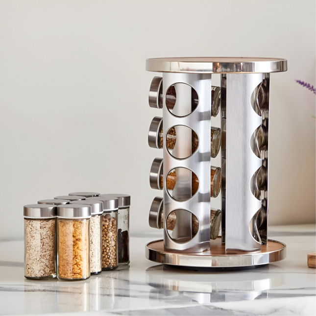 🌿 Premium 16 Jars Stainless Steel Rotating Spice Jar Set