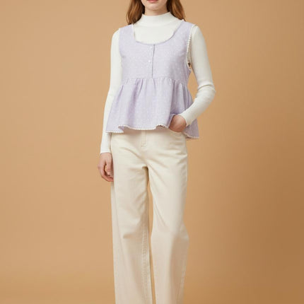 Lace-Trim Peplum Vest & Ribbed Mock-Neck Layering Set