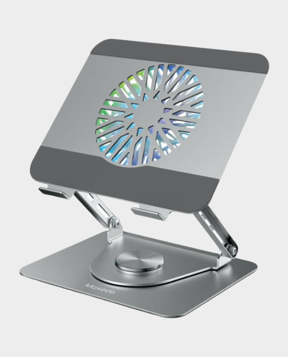 Moxedo Ergonomic Foldable Laptop & Tablet Stand With RGB Led Light Cooling Fan | 360° Rotation | Compatible With Up To 17.2 Inch Devices | Non-slip Rubber Pads for Secure Grip - Silver
