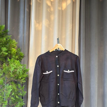 Chic Knitted Cardigan with Faux Pocket Trim and Pearl Buttons