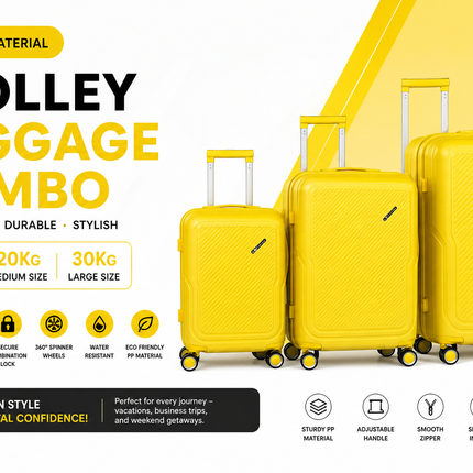 PP Hard Trolley Luggage Set – 3 Sizes (10kg / 20kg / 30kg) – 4 Wheel Spinner