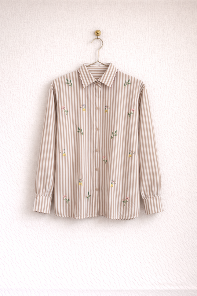 Embroidered Striped Shirt for Women | Floral Cotton Button-Down Top