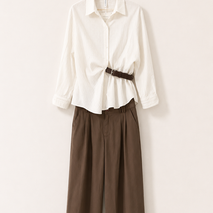 Elegant Black Stripe Shirt & White Wide-Leg Pants Co-Ord Set