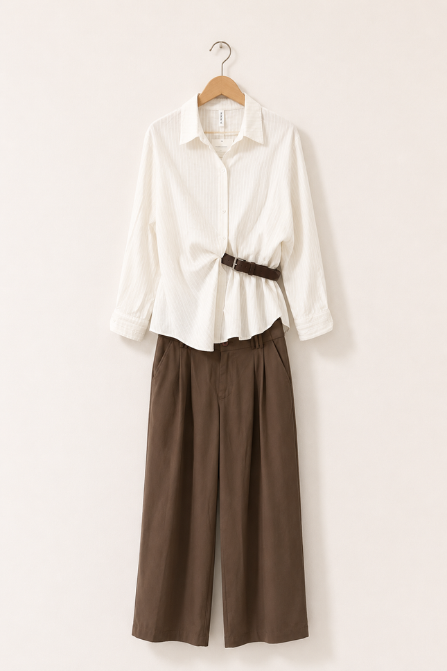 Elegant Black Stripe Shirt & White Wide-Leg Pants Co-Ord Set
