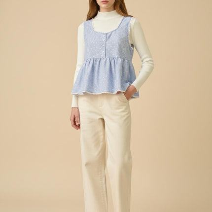 Lace-Trim Peplum Vest & Ribbed Mock-Neck Layering Set