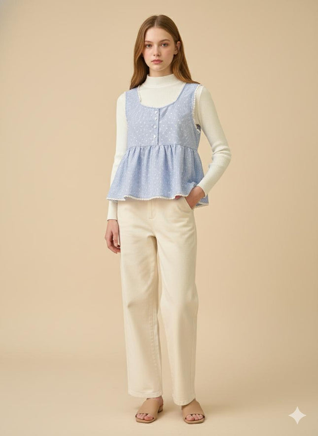 Lace-Trim Peplum Vest & Ribbed Mock-Neck Layering Set