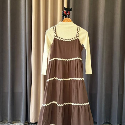 Tiered Maxi Pinafore Dress with Scalloped Trim and Layering Top Set