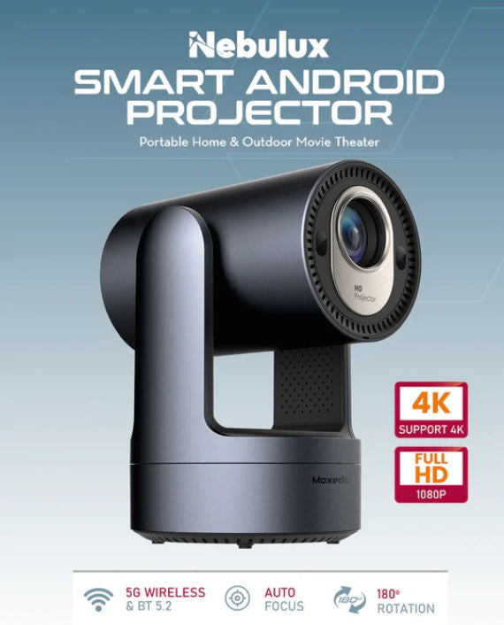 Moxedo Nebulux Smart Android Projector | Home & Outdoor Movie Theatre | 1080P FHD, 4K Support | Built-in 5W HiFi Speaker | Android 9 | 260 Ansi Lumens - Black