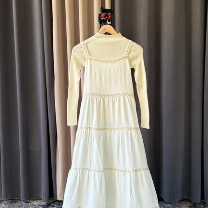 Tiered Maxi Pinafore Dress with Scalloped Trim and Layering Top Set