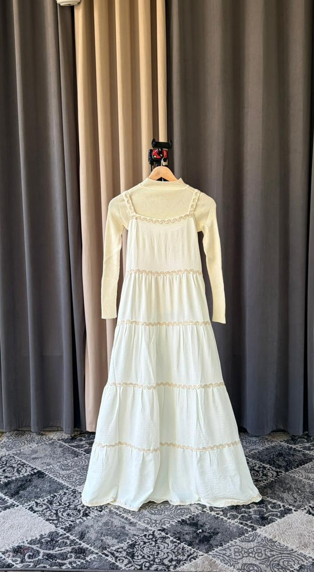 Tiered Maxi Pinafore Dress with Scalloped Trim and Layering Top Set