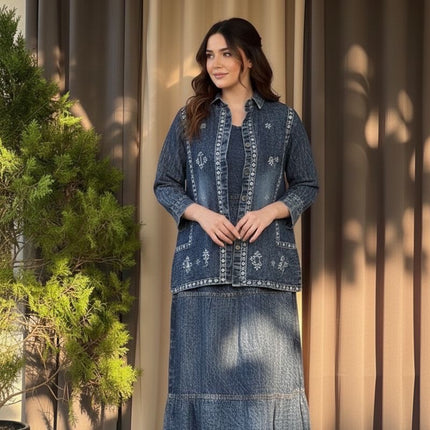 Embroidered Denim Skirt and Shirt Co-ord Set