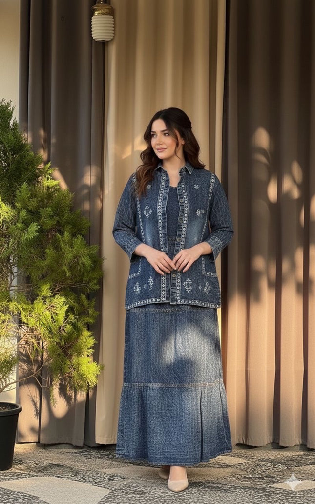 Embroidered Denim Skirt and Shirt Co-ord Set