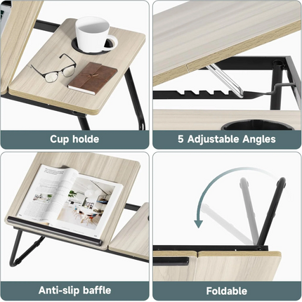 Adjustable Folding Laptop Table for Bed & Sofa – Wooden Laptop Desk with 5 Angle Settings & Cup Holder