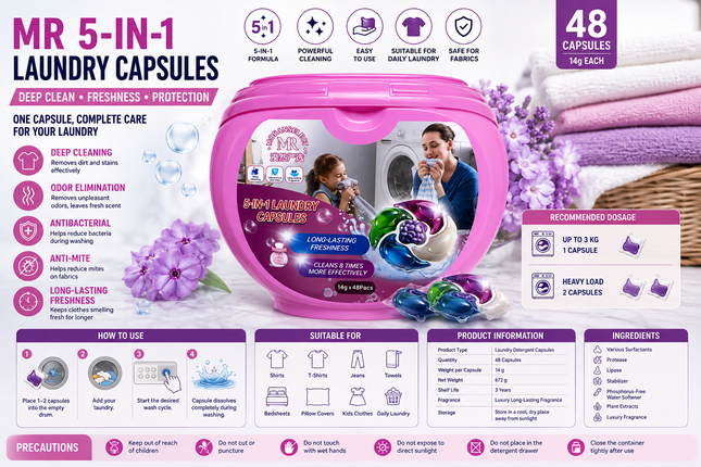 MR 5-in-1 Laundry Capsules – Deep Clean & Long-Lasting Freshness (48 Capsules)