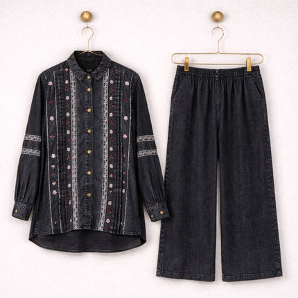 Embroidered Denim Co-Ord Set | Shirt & Wide-Leg Pants