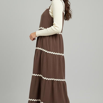 Tiered Maxi Pinafore Dress with Scalloped Trim and Layering Top Set