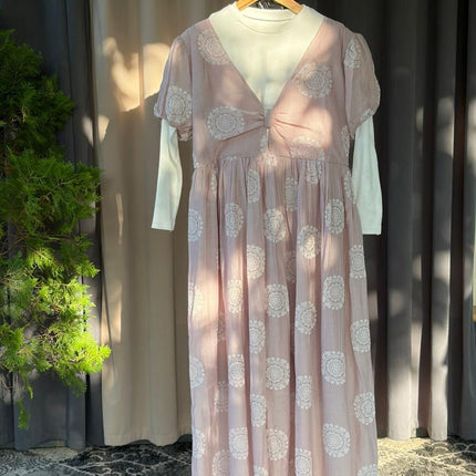 Bohemian Mandala Print Midi Dress with V-Neck and Puff Sleeves