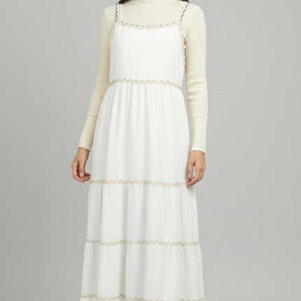 Tiered Maxi Pinafore Dress with Scalloped Trim and Layering Top Set