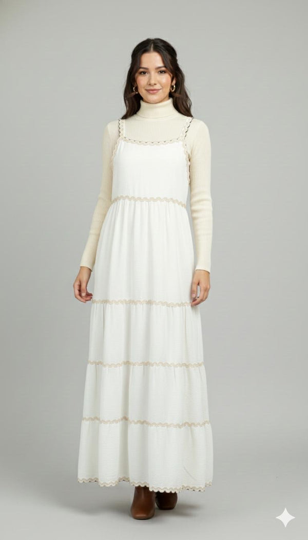 Tiered Maxi Pinafore Dress with Scalloped Trim and Layering Top Set