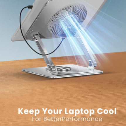 Moxedo Ergonomic Foldable Laptop & Tablet Stand With RGB Led Light Cooling Fan | 360° Rotation | Compatible With Up To 17.2 Inch Devices | Non-slip Rubber Pads for Secure Grip - Silver