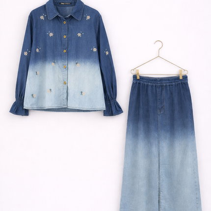 Embroidered Denim Co-Ord Set | Shirt & Wide-Leg Pants