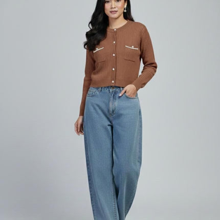 Chic Knitted Cardigan with Faux Pocket Trim and Pearl Buttons