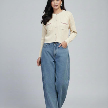 Chic Knitted Cardigan with Faux Pocket Trim and Pearl Buttons