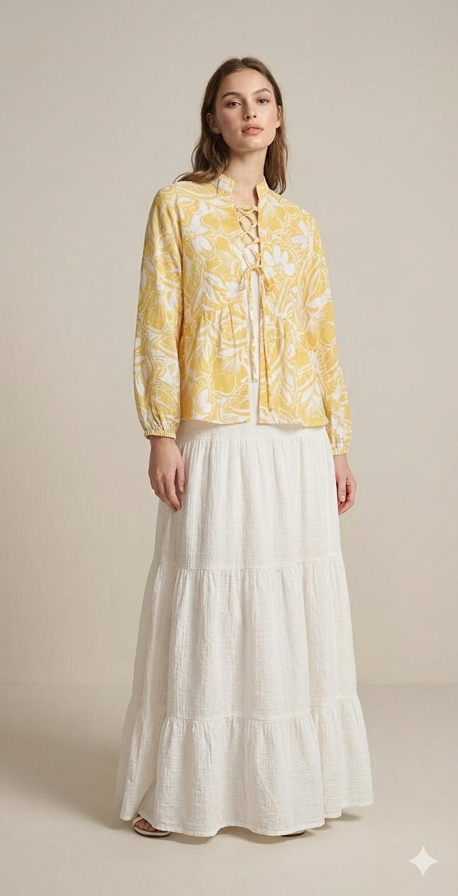 Two-Piece Tropical Print Blouse and Tiered Maxi Skirt Set