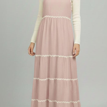 Tiered Maxi Pinafore Dress with Scalloped Trim and Layering Top Set