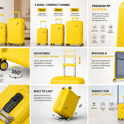 PP Hard Trolley Luggage Set – 3 Sizes (10kg / 20kg / 30kg) – 4 Wheel Spinner