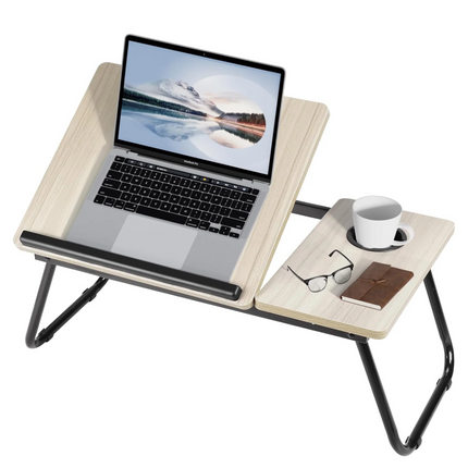 Adjustable Folding Laptop Table for Bed & Sofa – Wooden Laptop Desk with 5 Angle Settings & Cup Holder