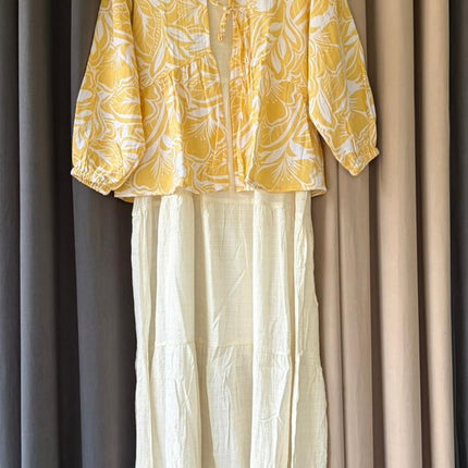 Two-Piece Tropical Print Blouse and Tiered Maxi Skirt Set