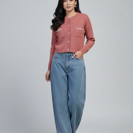 Chic Knitted Cardigan with Faux Pocket Trim and Pearl Buttons