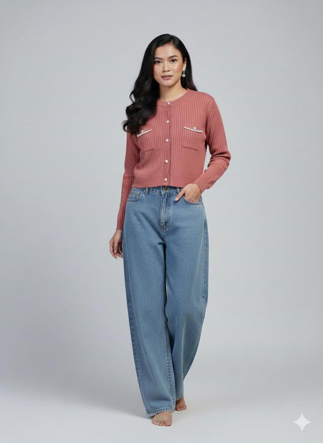 Chic Knitted Cardigan with Faux Pocket Trim and Pearl Buttons