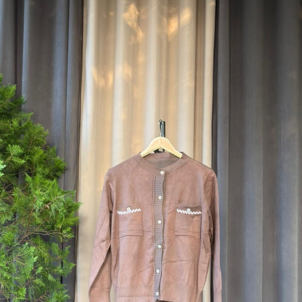 Chic Knitted Cardigan with Faux Pocket Trim and Pearl Buttons