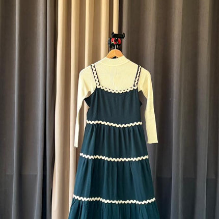 Tiered Maxi Pinafore Dress with Scalloped Trim and Layering Top Set