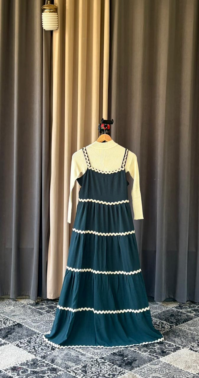 Tiered Maxi Pinafore Dress with Scalloped Trim and Layering Top Set