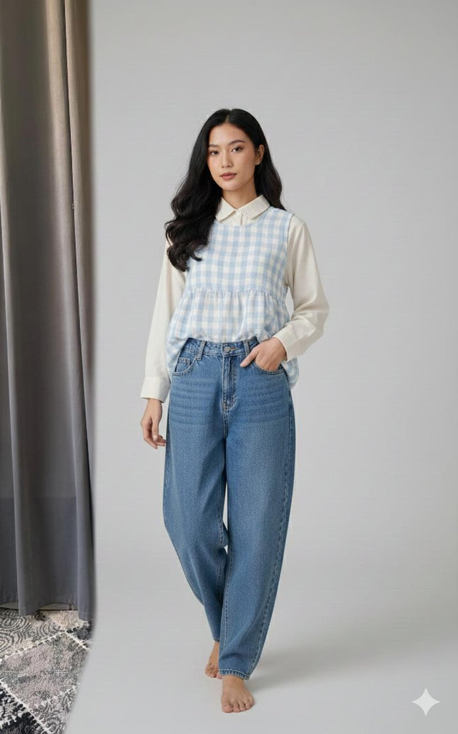 Gingham Layered Long Sleeve Top