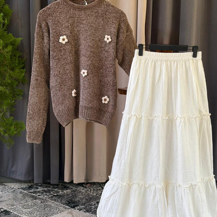 Cozy Floral Sweater & Tiered Maxi Skirt Set