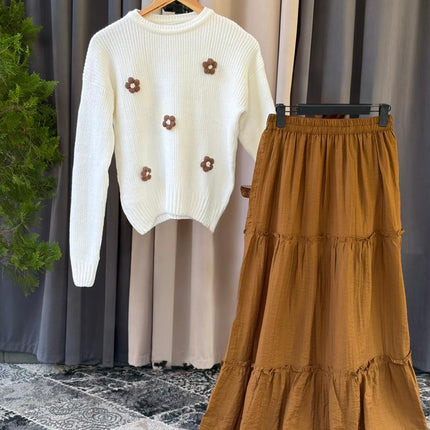 Cozy Floral Sweater & Tiered Maxi Skirt Set