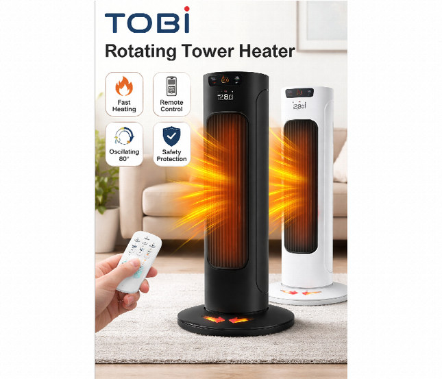 Tobi Rotating Tower Heater Electric Room Heater With Adjustable Heat Assorted Colors