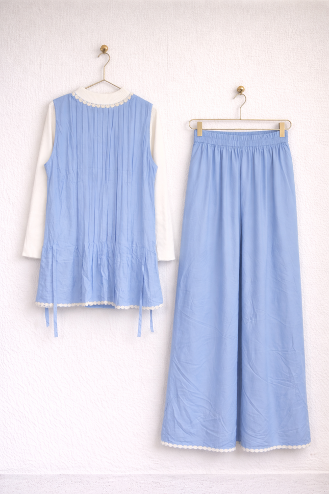 Women’s Modest Pleated Top & Palazzo Pants Set – Lace Detail Co-ord
