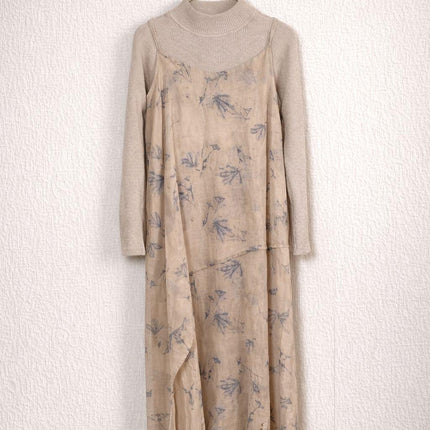 Beige Floral Layered Midi Dress