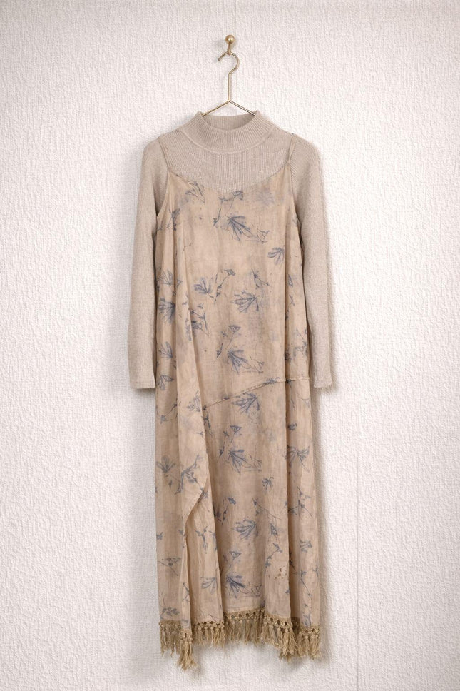 Beige Floral Layered Midi Dress