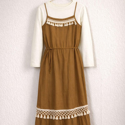 Boho Layered Tassel Midi Dress with Inner Top