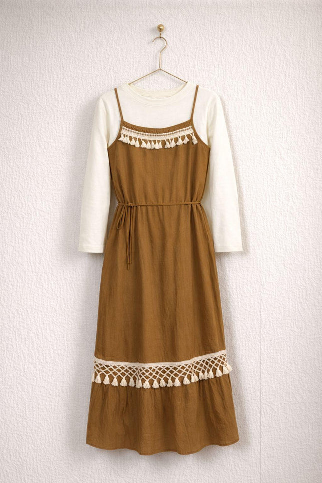 Boho Layered Tassel Midi Dress with Inner Top