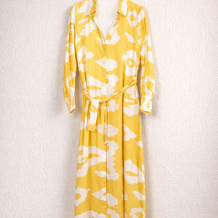 Sunshine Printed Button-Down Maxi Dress with Waist Tie – Yellow & White