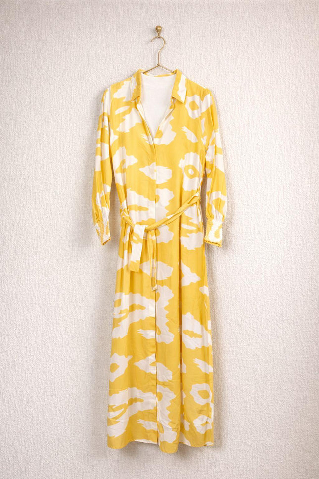 Sunshine Printed Button-Down Maxi Dress with Waist Tie – Yellow & White